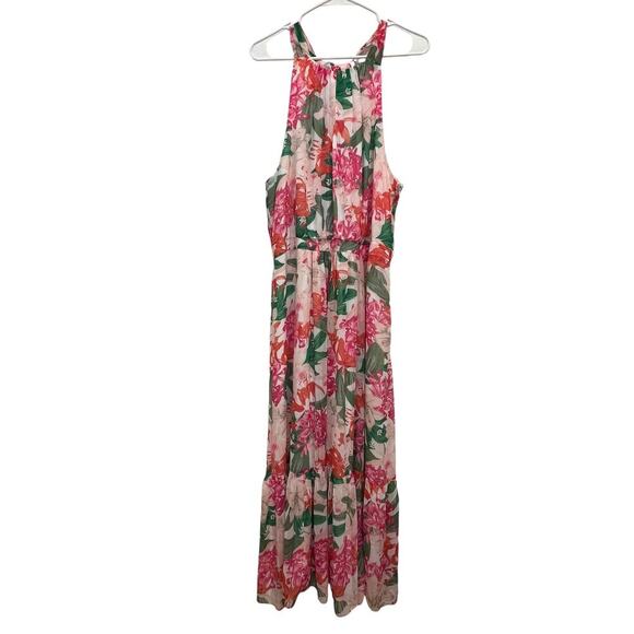 CeCe Pink Floral Print Halter Neck Tie Back Cut Out Pleated Maxi Dress Size 14W - Picture 2 of 9